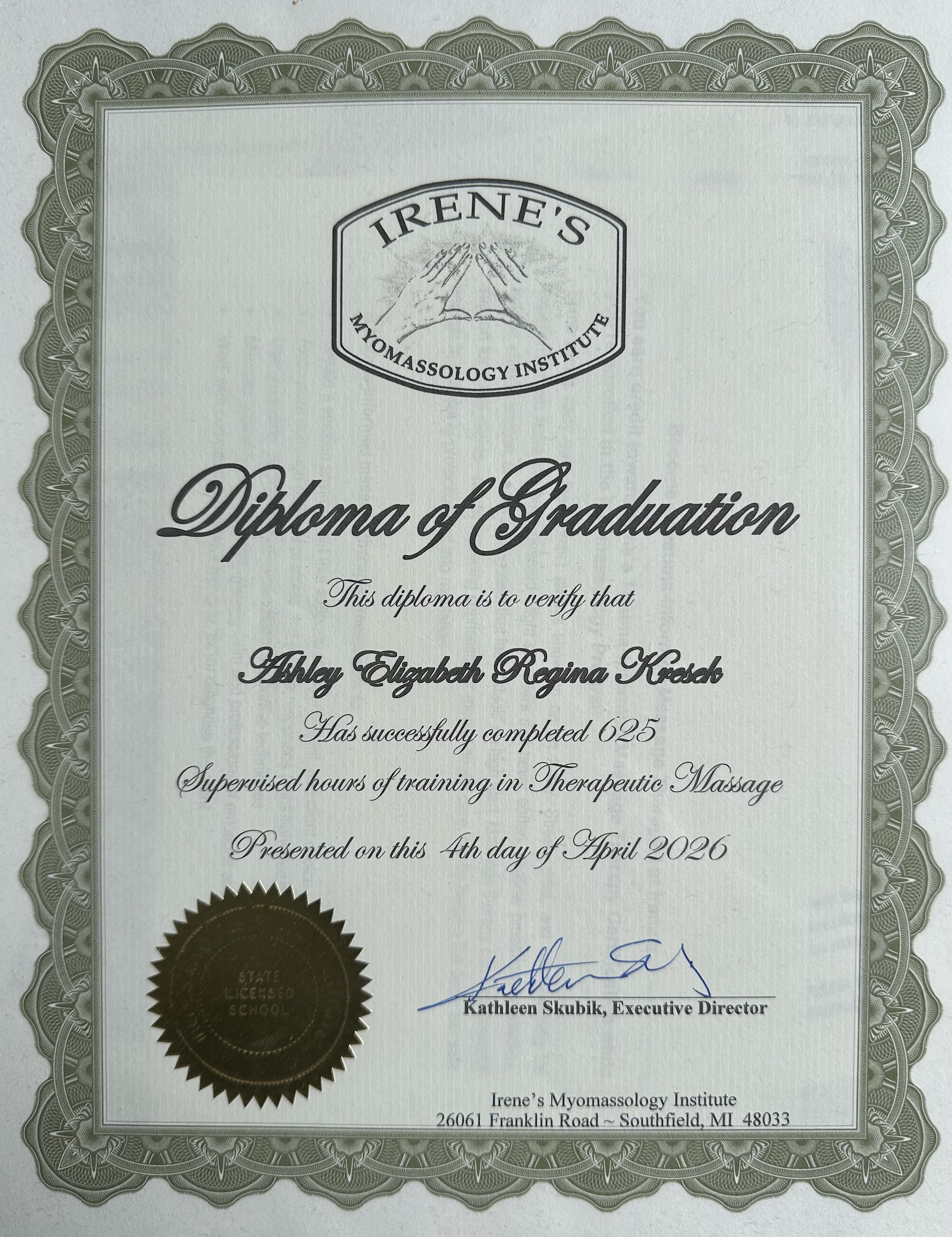 Irene's Myomassology Institute Graduation Diploma